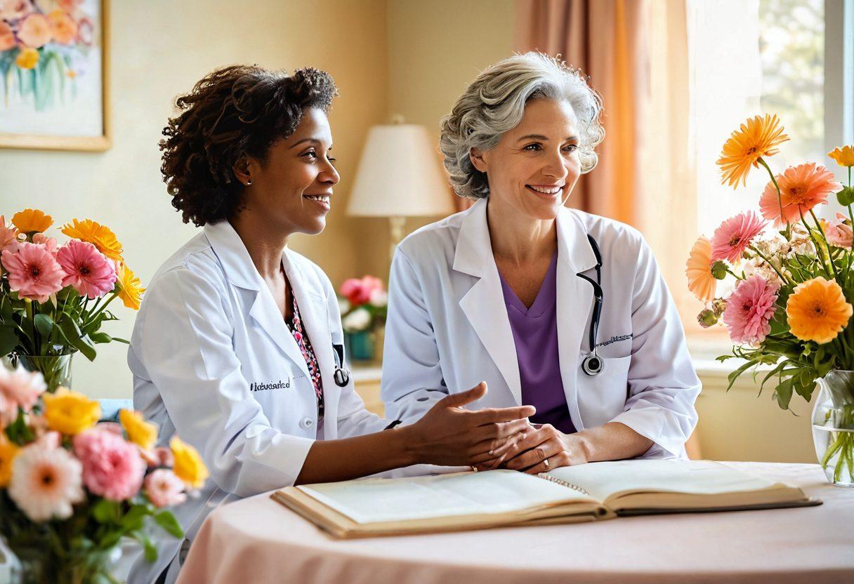 A compassionate doctor discussing innovative cancer treatments with a hopeful cancer survivor in a sunlit hospital room, surrounded by blooming flowers symbolizing hope. Include a soft color palette to evoke warmth and support, and a collage of diverse patients depicted in the background, representing the various cancer journeys. super-realistic. vibrant colors. warm lighting.