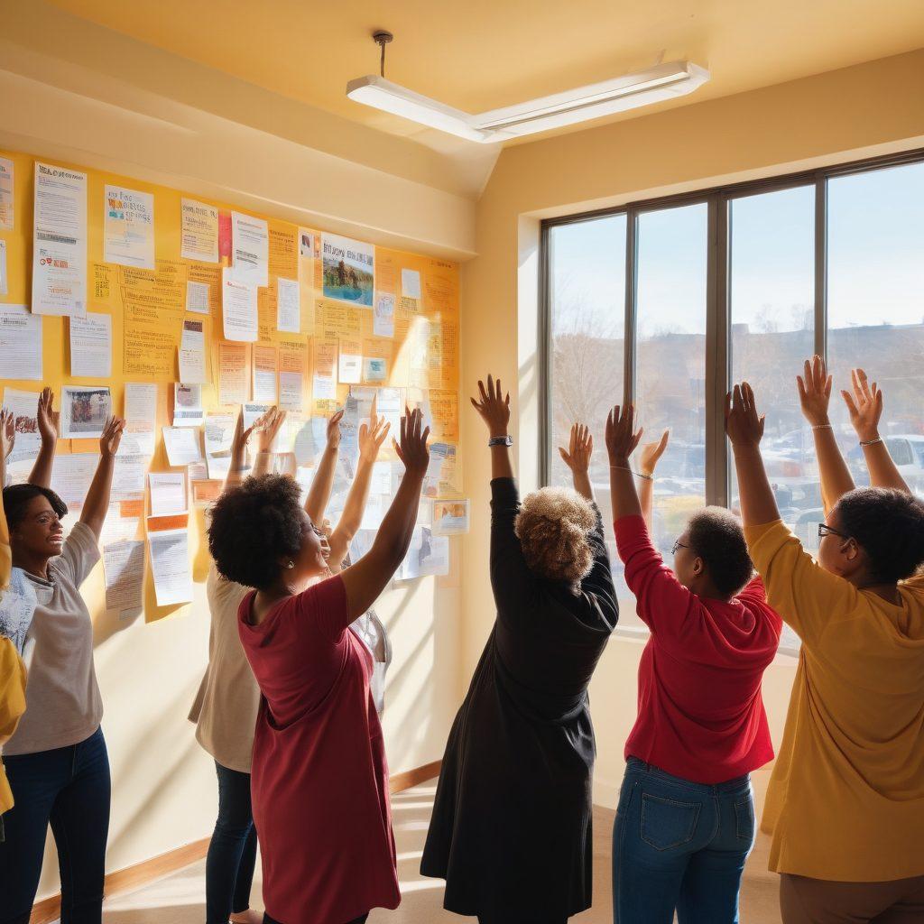 A diverse group of people gathered in an open, sunlit community space, engaging in discussions, holding brochures and pamphlets about patient resources. Symbols of empowerment, such as raised hands and supportive gestures, surround them. A backdrop of inspiring quotes about health and empowerment adorns the walls. The atmosphere is vibrant and filled with positivity. super-realistic. vibrant colors. 3D.
