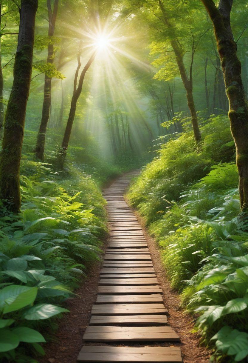 A serene pathway through a lush green forest with sunlight filtering through the leaves, symbolizing hope and healing. Alongside the path, include vibrant illustrations of healthy foods, exercise symbols, and wellness tools that represent cancer prevention strategies. In the distance, a diverse group of people walking confidently, conveying strength and resilience. The atmosphere is uplifting and inspiring. vibrant colors. super-realistic.